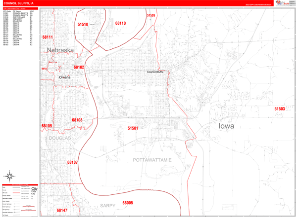 Council Bluffs City Wall Map Red Line Style